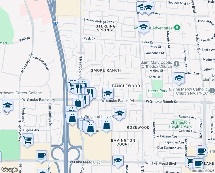 map of restaurants, bars, coffee shops, grocery stores, and more near 6577 Goldensun Court in Las Vegas