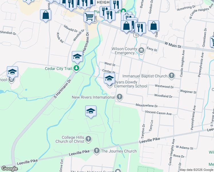 map of restaurants, bars, coffee shops, grocery stores, and more near 904 Hickory Ridge Road in Lebanon