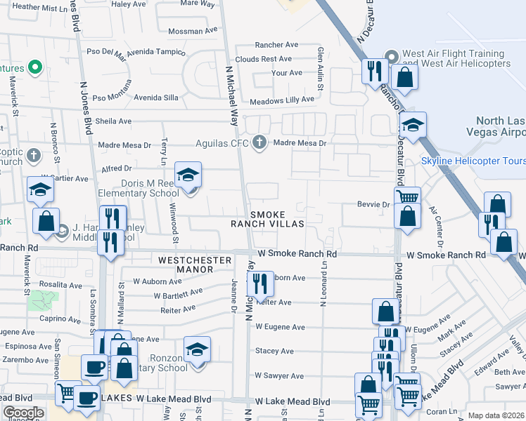 map of restaurants, bars, coffee shops, grocery stores, and more near 5424 Geneive Lane in Las Vegas