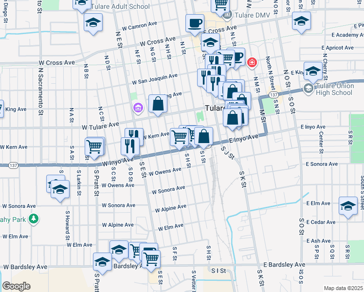 map of restaurants, bars, coffee shops, grocery stores, and more near 221 South H Street in Tulare