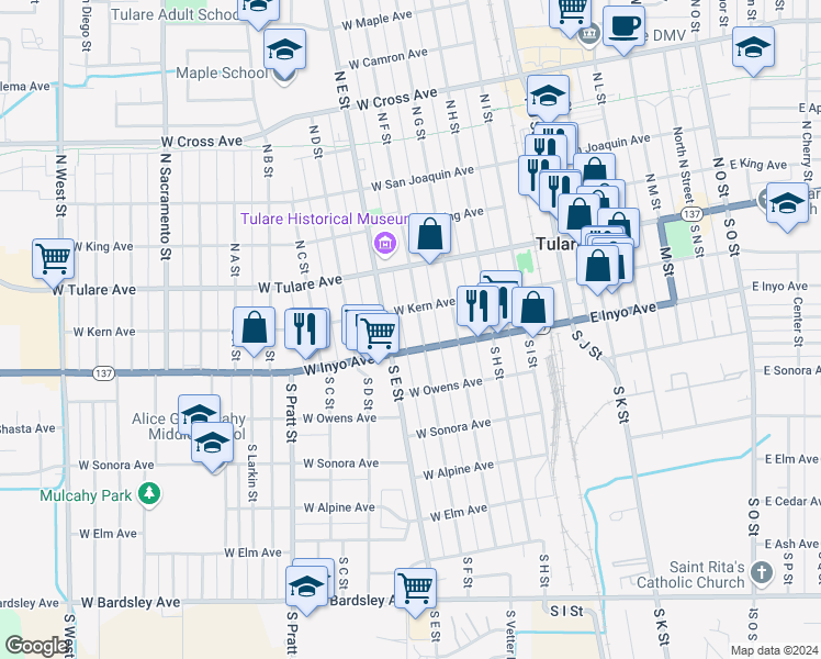 map of restaurants, bars, coffee shops, grocery stores, and more near 431 West Kern Avenue in Tulare