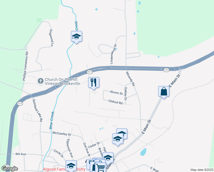 map of restaurants, bars, coffee shops, grocery stores, and more near 150 Alcorn Street in Cookeville