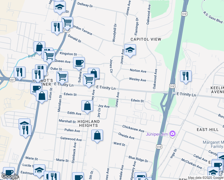 map of restaurants, bars, coffee shops, grocery stores, and more near 429 East Trinity Lane in Nashville