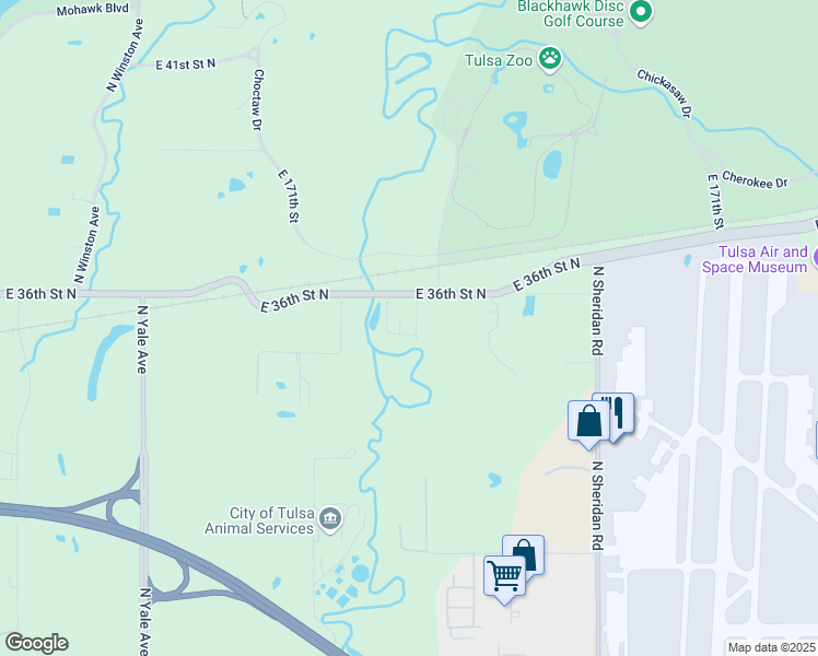 map of restaurants, bars, coffee shops, grocery stores, and more near 5603 East 36th Street North in Tulsa