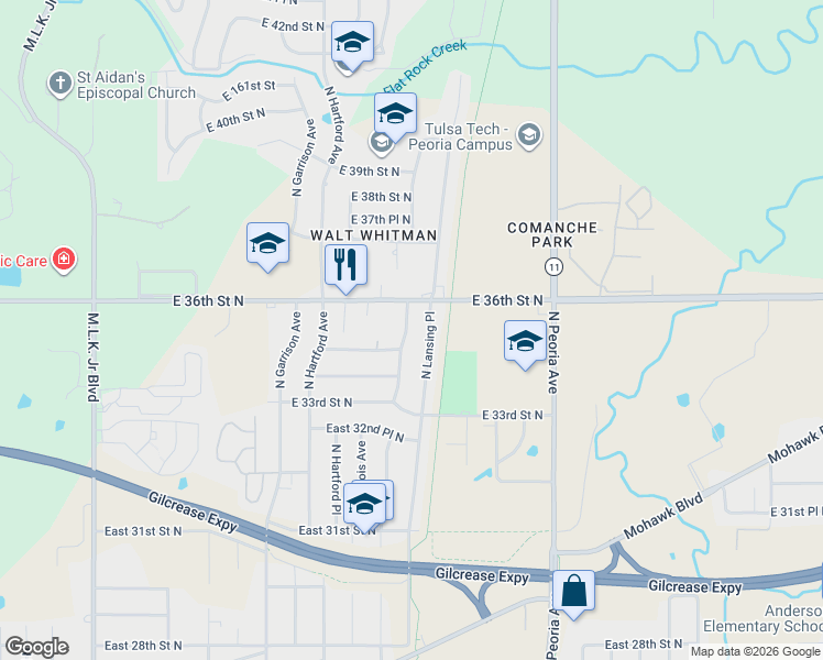 map of restaurants, bars, coffee shops, grocery stores, and more near 3386 North Lansing Place in Tulsa