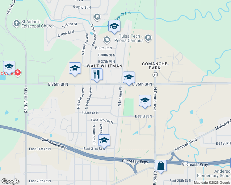 map of restaurants, bars, coffee shops, grocery stores, and more near 3386 North Lansing Place in Tulsa