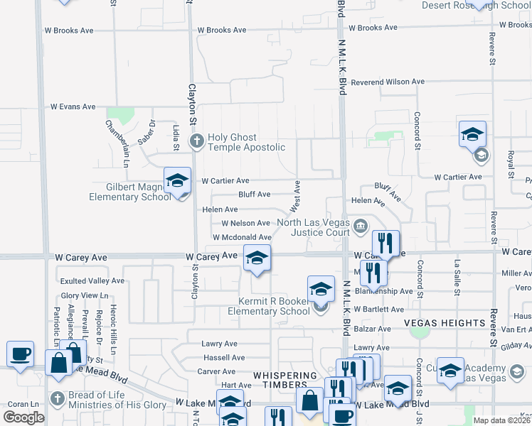 map of restaurants, bars, coffee shops, grocery stores, and more near 1805 Helen Avenue in North Las Vegas