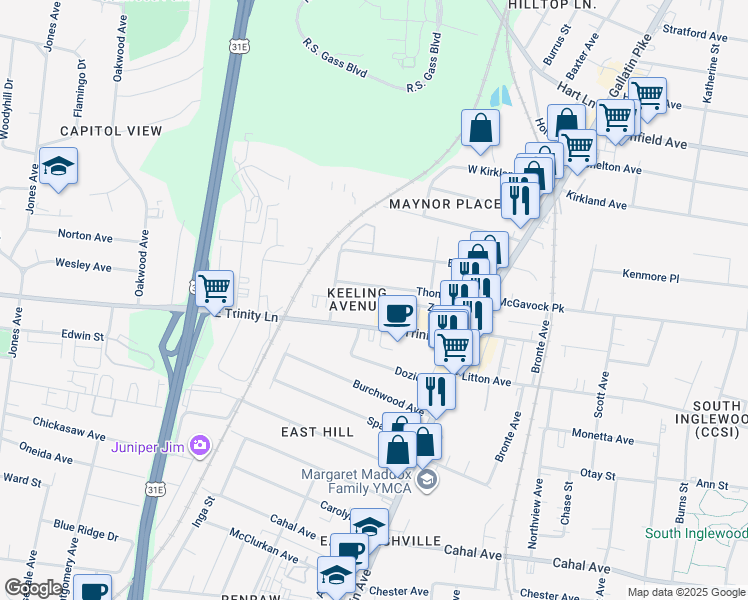 map of restaurants, bars, coffee shops, grocery stores, and more near 1036 Zophi Street in Nashville