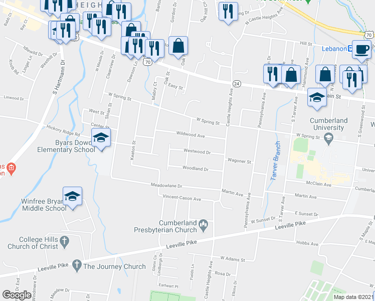 map of restaurants, bars, coffee shops, grocery stores, and more near 800 Westwood Drive in Lebanon