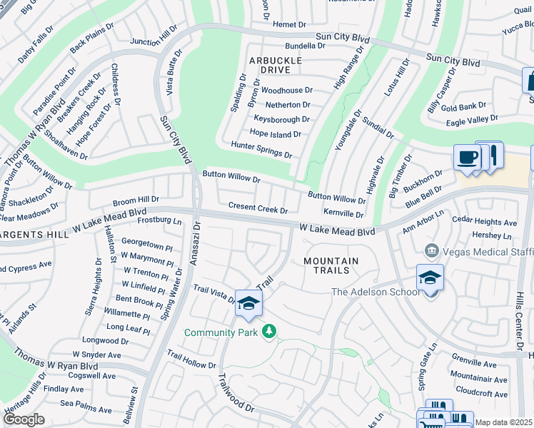 map of restaurants, bars, coffee shops, grocery stores, and more near 10033 Cresent Creek Drive in Las Vegas