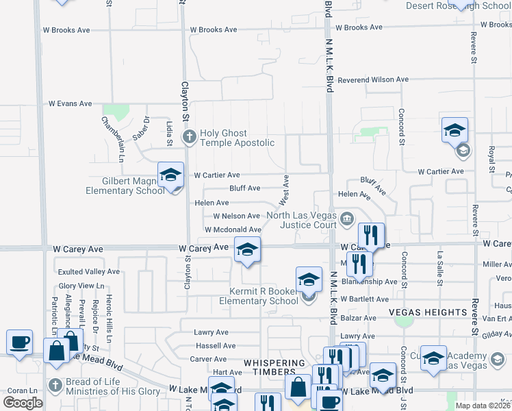 map of restaurants, bars, coffee shops, grocery stores, and more near 1805 Helen Avenue in North Las Vegas