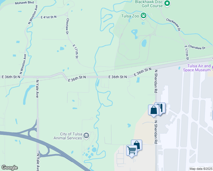 map of restaurants, bars, coffee shops, grocery stores, and more near 5603 East 36th Street North in Tulsa