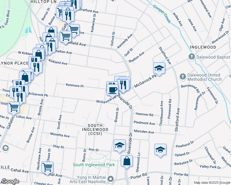 map of restaurants, bars, coffee shops, grocery stores, and more near 3116 Oxford Street in Nashville