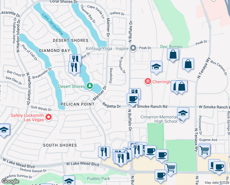 map of restaurants, bars, coffee shops, grocery stores, and more near 7700 Sea Cliff Way in Las Vegas