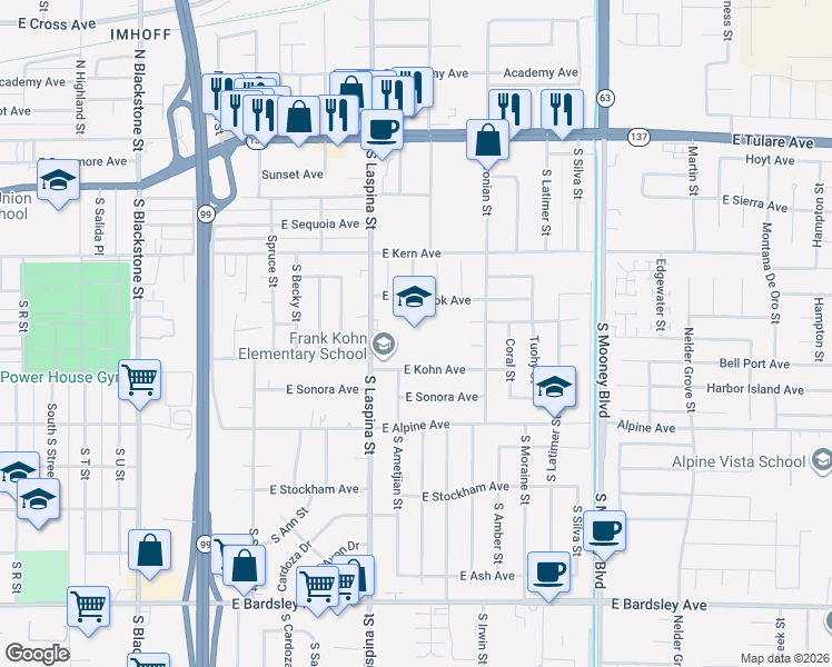 map of restaurants, bars, coffee shops, grocery stores, and more near 500 South Laspina Street in Tulare