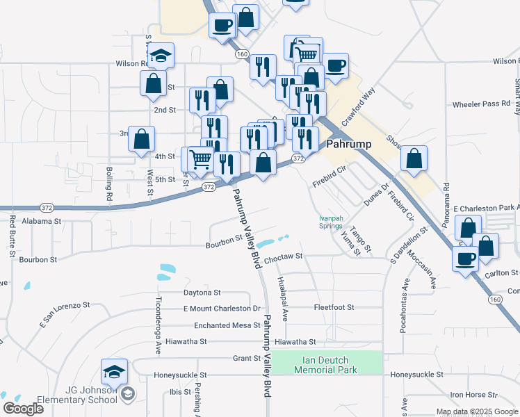 map of restaurants, bars, coffee shops, grocery stores, and more near 1380 East Arrowhead Street in Pahrump