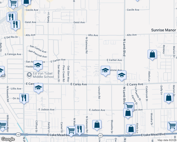 map of restaurants, bars, coffee shops, grocery stores, and more near 2506 North Gateway Road in Las Vegas