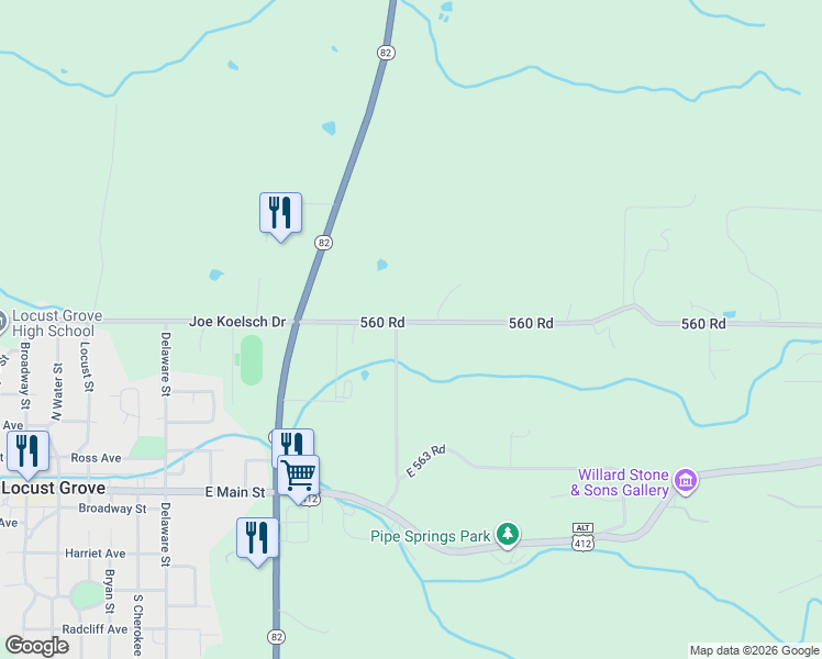 map of restaurants, bars, coffee shops, grocery stores, and more near 6010 560 Road in Locust Grove