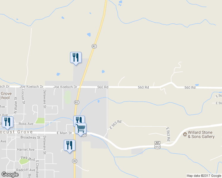 map of restaurants, bars, coffee shops, grocery stores, and more near 6010 560 Road in Locust Grove