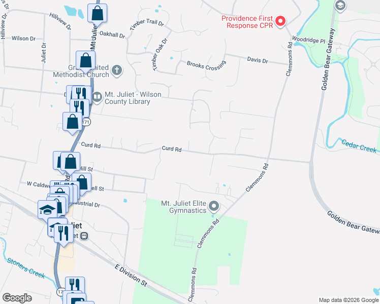 map of restaurants, bars, coffee shops, grocery stores, and more near 561 Curd Road in Mt. Juliet