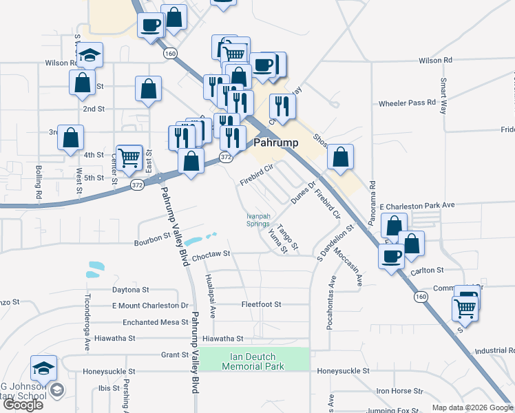 map of restaurants, bars, coffee shops, grocery stores, and more near 981 Hart Street in Pahrump