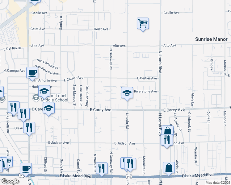 map of restaurants, bars, coffee shops, grocery stores, and more near 2506 North Gateway Road in Las Vegas