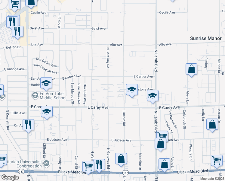 map of restaurants, bars, coffee shops, grocery stores, and more near 2522 North Gateway Road in Las Vegas