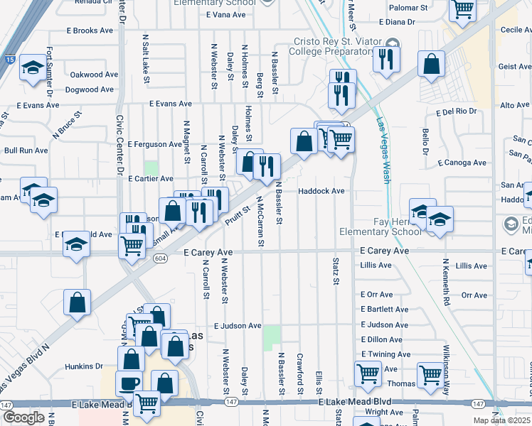 map of restaurants, bars, coffee shops, grocery stores, and more near 2525 Bassler Street in North Las Vegas