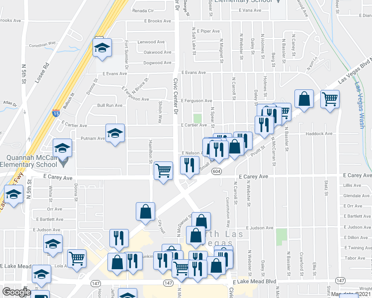 map of restaurants, bars, coffee shops, grocery stores, and more near 2517 North Saint George Street in North Las Vegas
