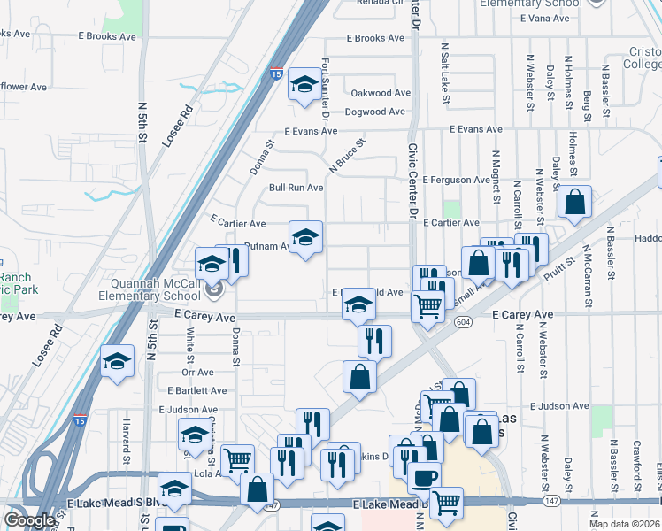 map of restaurants, bars, coffee shops, grocery stores, and more near 1301 Putnam Avenue in North Las Vegas