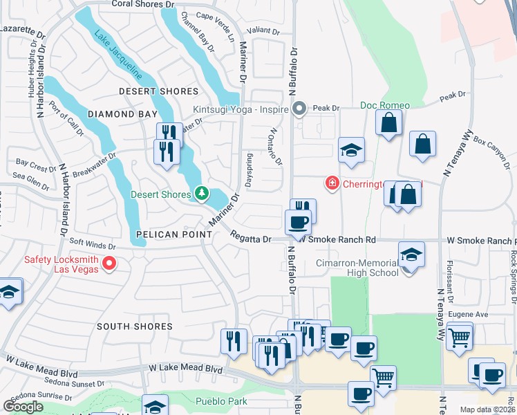 map of restaurants, bars, coffee shops, grocery stores, and more near 7700 Sea Cliff Way in Las Vegas