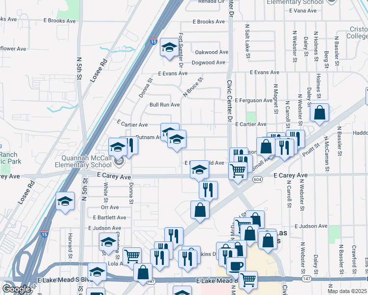 map of restaurants, bars, coffee shops, grocery stores, and more near 1301 Putnam Avenue in North Las Vegas