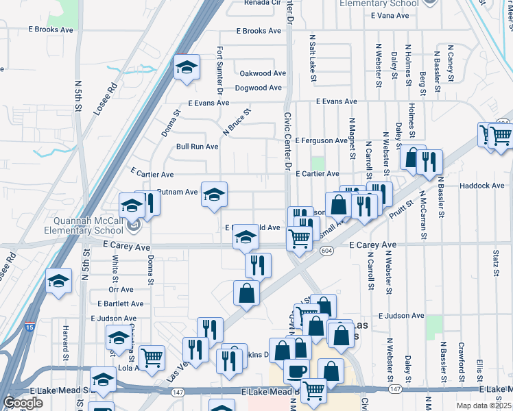 map of restaurants, bars, coffee shops, grocery stores, and more near 1600 East Nelson Avenue in North Las Vegas