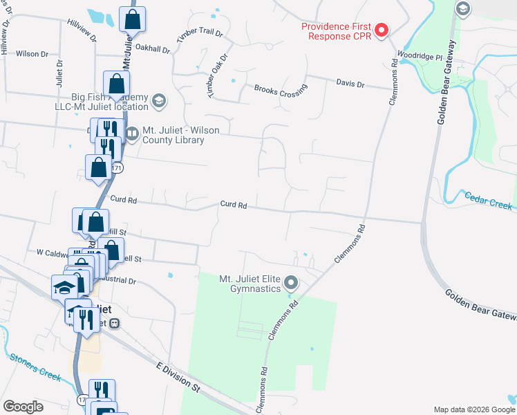 map of restaurants, bars, coffee shops, grocery stores, and more near 561 Curd Road in Mt. Juliet