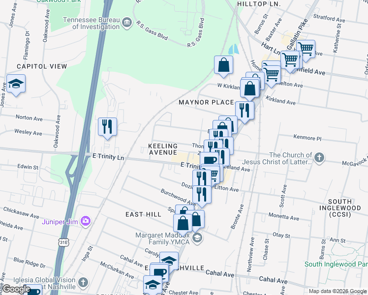map of restaurants, bars, coffee shops, grocery stores, and more near 917 Thomas Avenue in Nashville