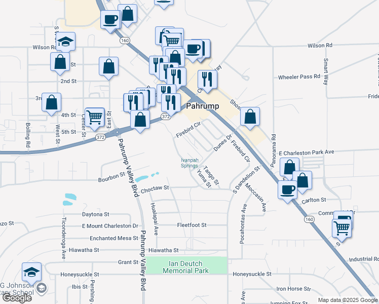 map of restaurants, bars, coffee shops, grocery stores, and more near 981 Hart Street in Pahrump
