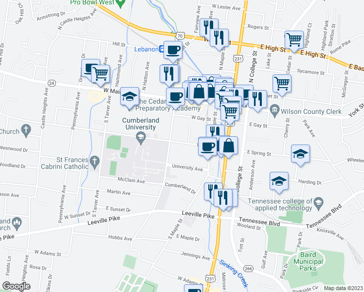 map of restaurants, bars, coffee shops, grocery stores, and more near 232 West Spring Street in Lebanon