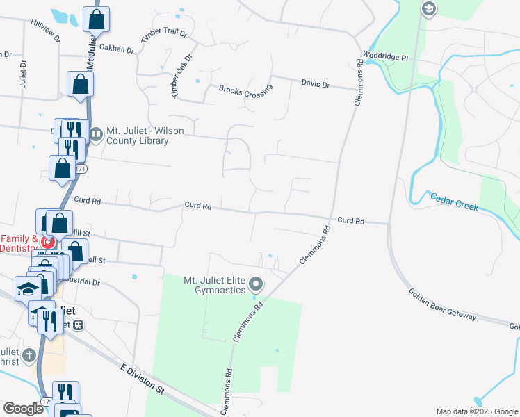 map of restaurants, bars, coffee shops, grocery stores, and more near 773 Curd Road in Mt. Juliet