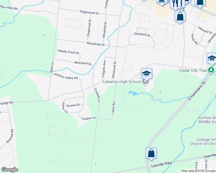 map of restaurants, bars, coffee shops, grocery stores, and more near 2336 Hickory Ridge Road in Lebanon