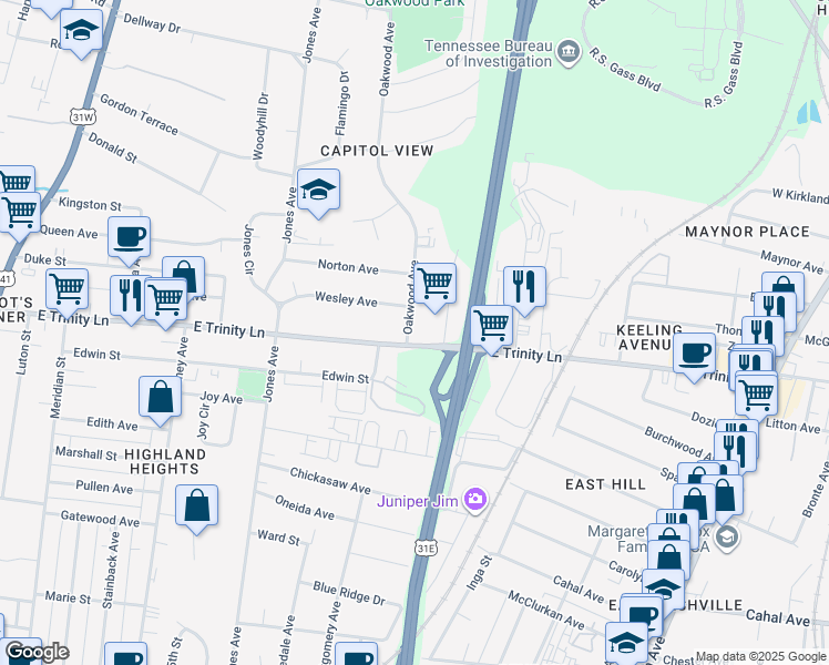 map of restaurants, bars, coffee shops, grocery stores, and more near 701 East Trinity Lane in Nashville
