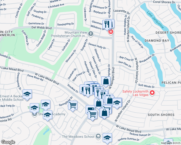 map of restaurants, bars, coffee shops, grocery stores, and more near 2456 Palmridge Drive in Las Vegas