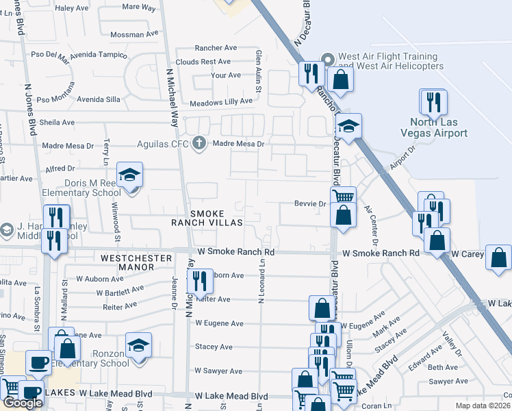 map of restaurants, bars, coffee shops, grocery stores, and more near 5135 Bevvie Drive in Las Vegas