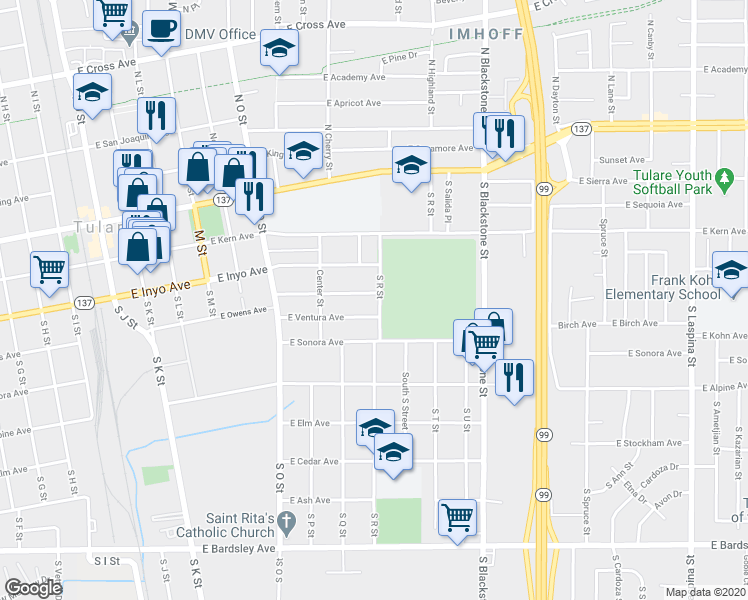map of restaurants, bars, coffee shops, grocery stores, and more near 799 Mariposa Avenue in Tulare