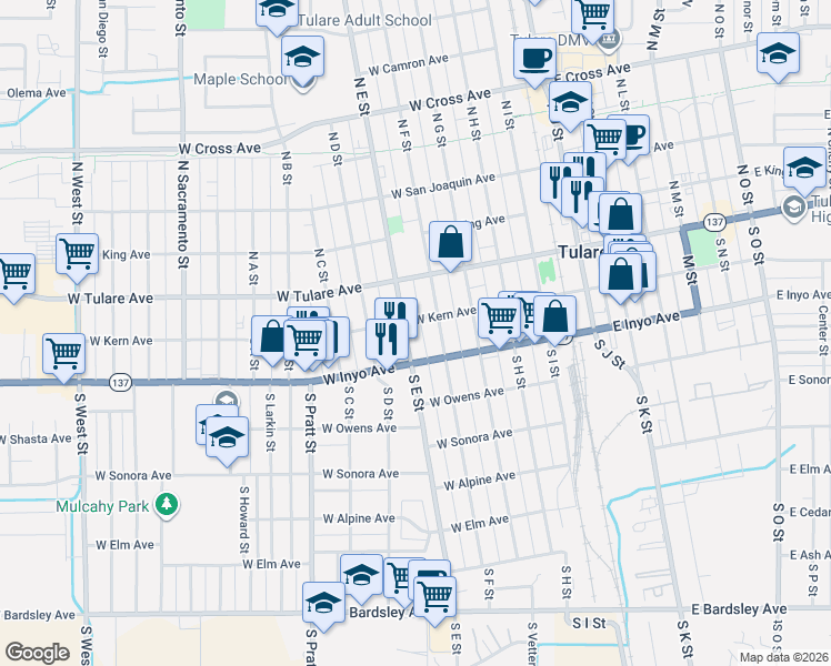 map of restaurants, bars, coffee shops, grocery stores, and more near 431 West Kern Avenue in Tulare