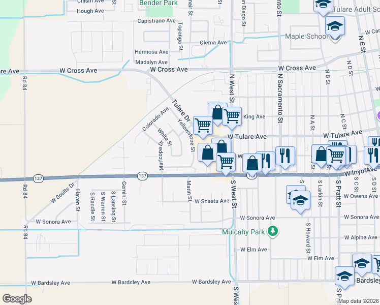 map of restaurants, bars, coffee shops, grocery stores, and more near 244 Yellowstone Street in Tulare