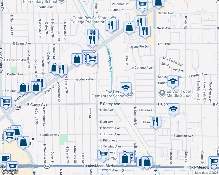 map of restaurants, bars, coffee shops, grocery stores, and more near 3201 Cypress Avenue in North Las Vegas