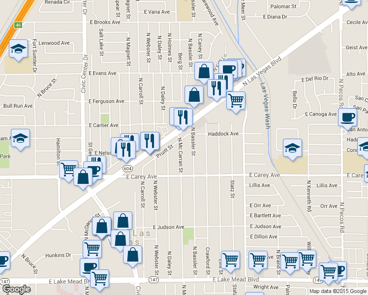 map of restaurants, bars, coffee shops, grocery stores, and more near 2525 Bassler Street in North Las Vegas