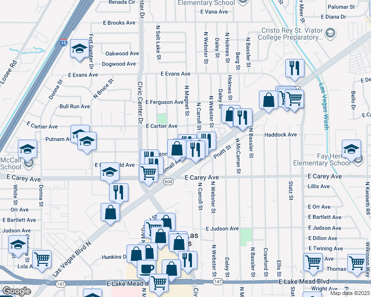 map of restaurants, bars, coffee shops, grocery stores, and more near 2512 North Spear Street in North Las Vegas