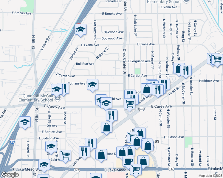 map of restaurants, bars, coffee shops, grocery stores, and more near 1417 Putnam Avenue in North Las Vegas