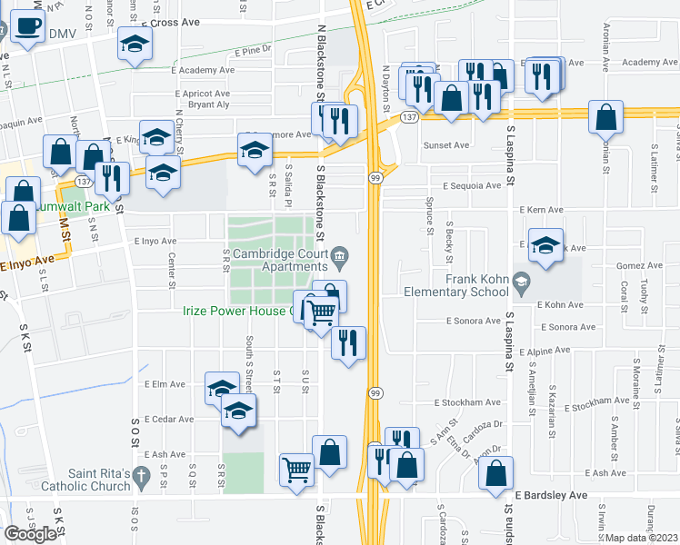 map of restaurants, bars, coffee shops, grocery stores, and more near Golden State Highway in Tulare